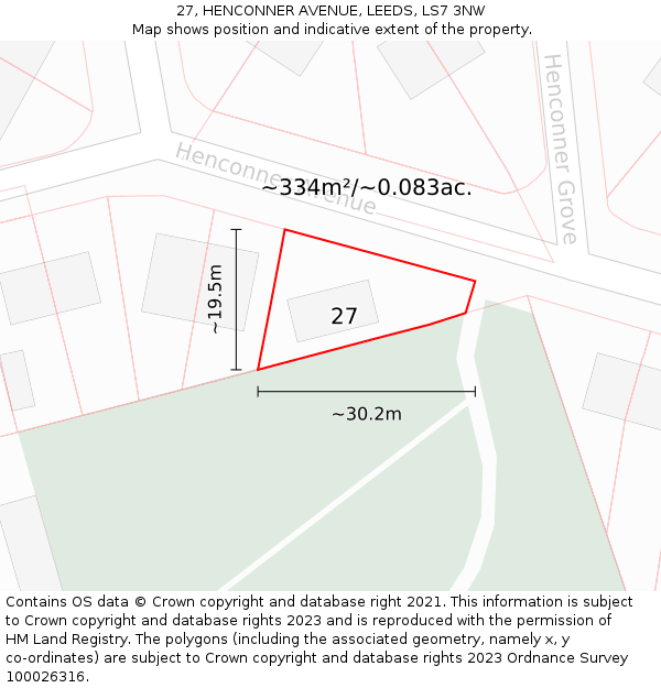 27, HENCONNER AVENUE, LEEDS, LS7 3NW: Plot and title map