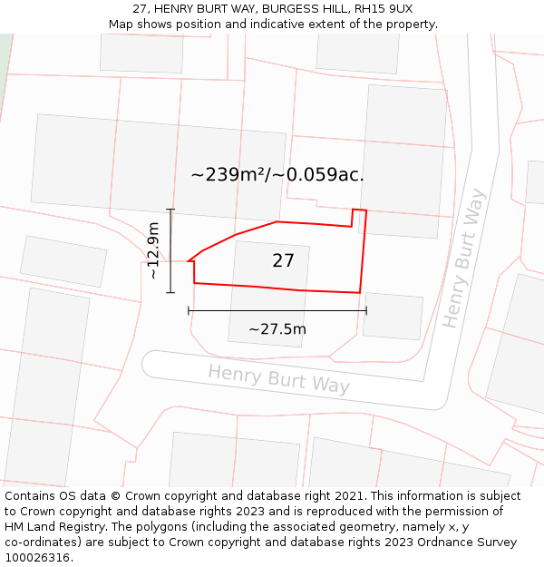 27, HENRY BURT WAY, BURGESS HILL, RH15 9UX: Plot and title map