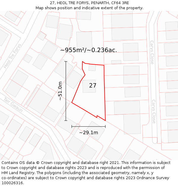 27, HEOL TRE FORYS, PENARTH, CF64 3RE: Plot and title map