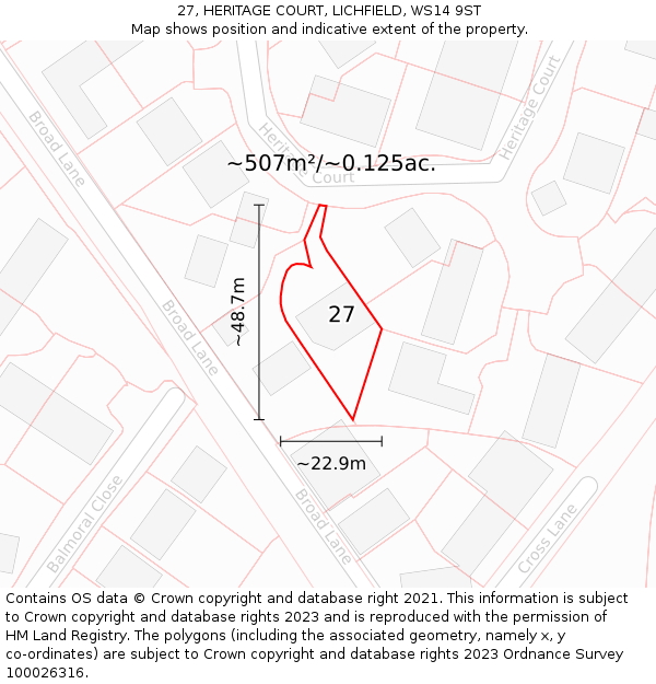 27, HERITAGE COURT, LICHFIELD, WS14 9ST: Plot and title map