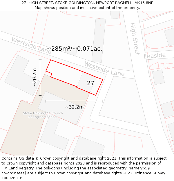 27, HIGH STREET, STOKE GOLDINGTON, NEWPORT PAGNELL, MK16 8NP: Plot and title map