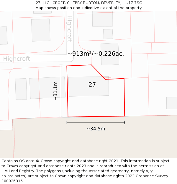 27, HIGHCROFT, CHERRY BURTON, BEVERLEY, HU17 7SG: Plot and title map