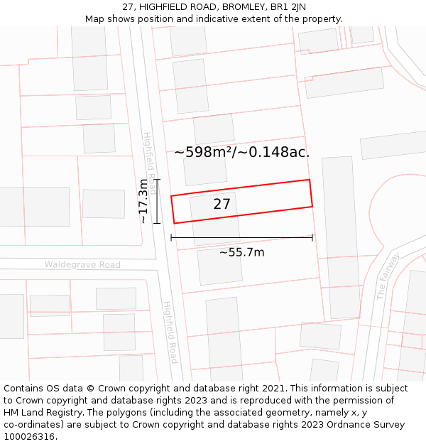 27, HIGHFIELD ROAD, BROMLEY, BR1 2JN: Plot and title map
