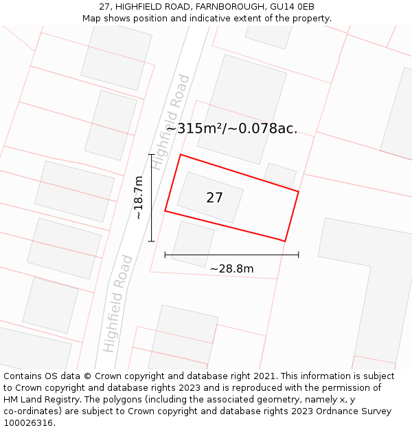 27, HIGHFIELD ROAD, FARNBOROUGH, GU14 0EB: Plot and title map