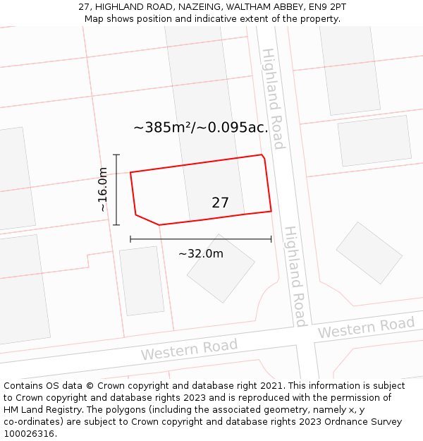 27, HIGHLAND ROAD, NAZEING, WALTHAM ABBEY, EN9 2PT: Plot and title map