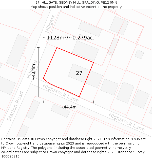 27, HILLGATE, GEDNEY HILL, SPALDING, PE12 0NN: Plot and title map