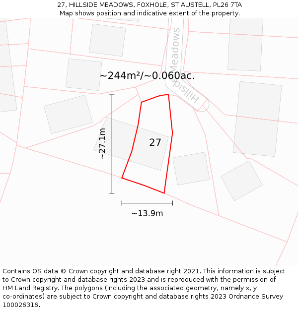 27, HILLSIDE MEADOWS, FOXHOLE, ST AUSTELL, PL26 7TA: Plot and title map