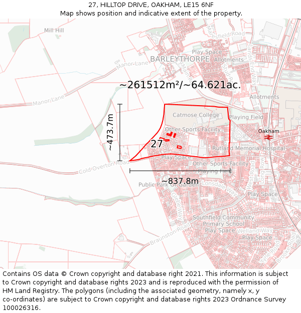 27, HILLTOP DRIVE, OAKHAM, LE15 6NF: Plot and title map