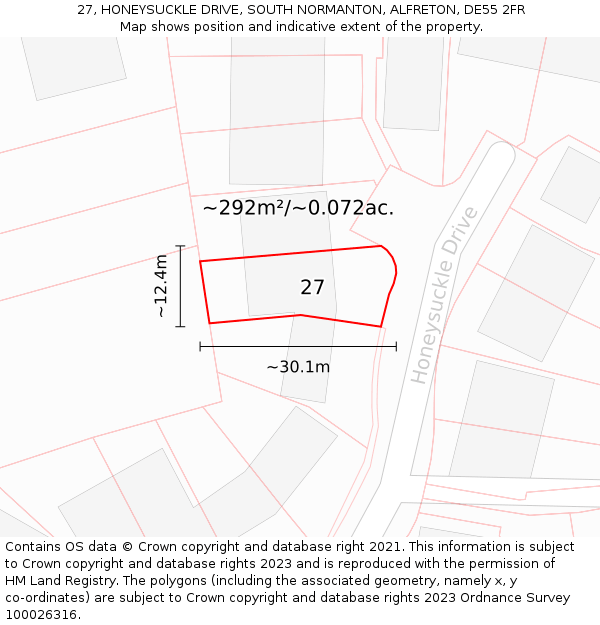 27, HONEYSUCKLE DRIVE, SOUTH NORMANTON, ALFRETON, DE55 2FR: Plot and title map