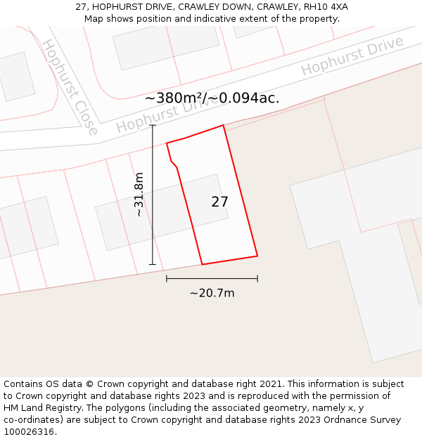 27, HOPHURST DRIVE, CRAWLEY DOWN, CRAWLEY, RH10 4XA: Plot and title map