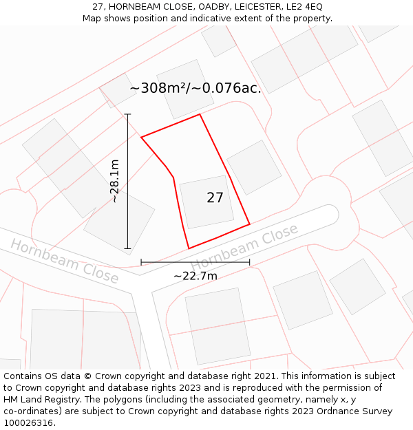 27, HORNBEAM CLOSE, OADBY, LEICESTER, LE2 4EQ: Plot and title map