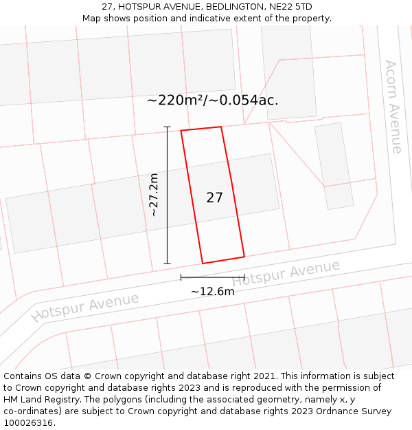 27, HOTSPUR AVENUE, BEDLINGTON, NE22 5TD: Plot and title map