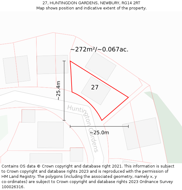 27, HUNTINGDON GARDENS, NEWBURY, RG14 2RT: Plot and title map