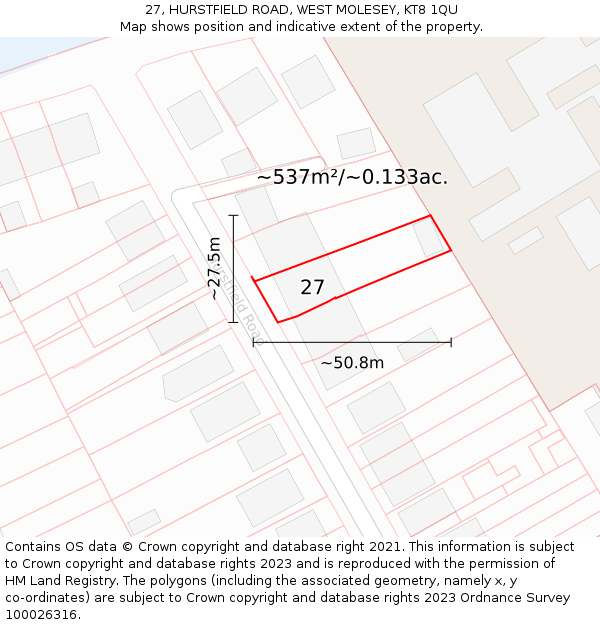 27, HURSTFIELD ROAD, WEST MOLESEY, KT8 1QU: Plot and title map