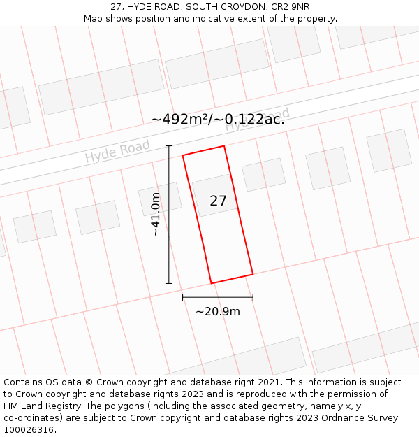 27, HYDE ROAD, SOUTH CROYDON, CR2 9NR: Plot and title map