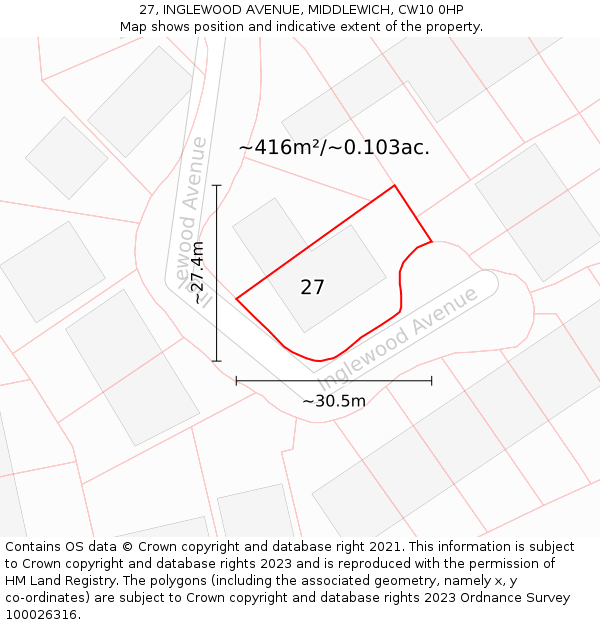 27, INGLEWOOD AVENUE, MIDDLEWICH, CW10 0HP: Plot and title map