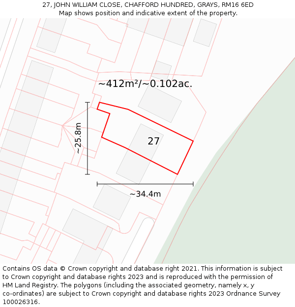 27, JOHN WILLIAM CLOSE, CHAFFORD HUNDRED, GRAYS, RM16 6ED: Plot and title map