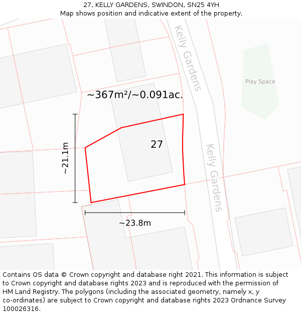 27, KELLY GARDENS, SWINDON, SN25 4YH: Plot and title map