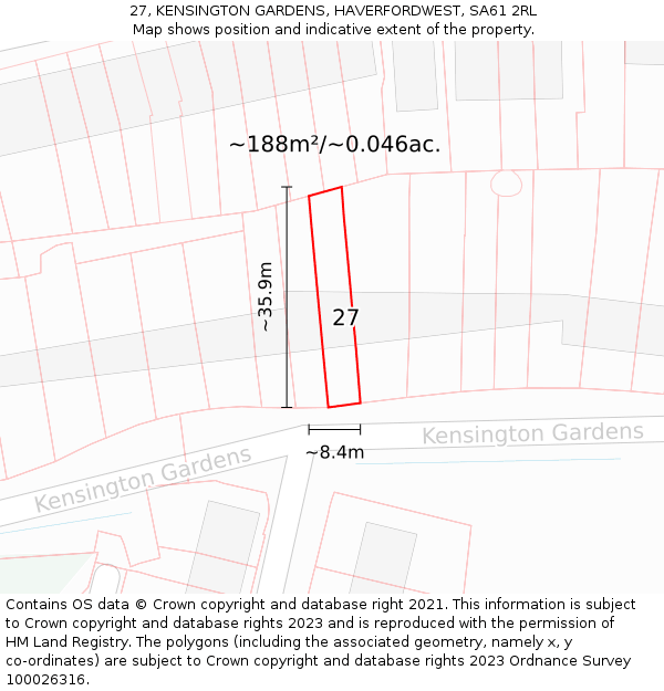 27, KENSINGTON GARDENS, HAVERFORDWEST, SA61 2RL: Plot and title map