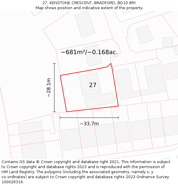 27, KENSTONE CRESCENT, BRADFORD, BD10 8RY: Plot and title map