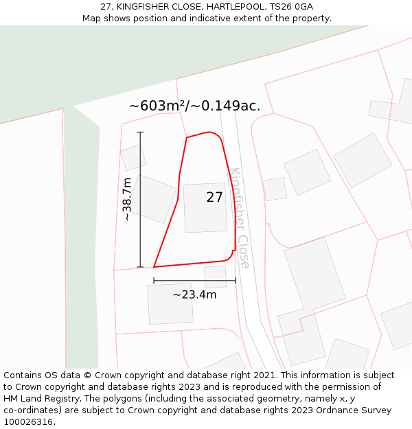 27, KINGFISHER CLOSE, HARTLEPOOL, TS26 0GA: Plot and title map