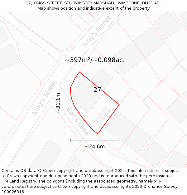 27, KINGS STREET, STURMINSTER MARSHALL, WIMBORNE, BH21 4BL: Plot and title map