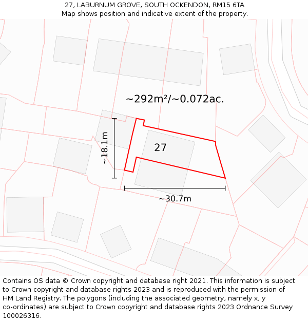 27, LABURNUM GROVE, SOUTH OCKENDON, RM15 6TA: Plot and title map