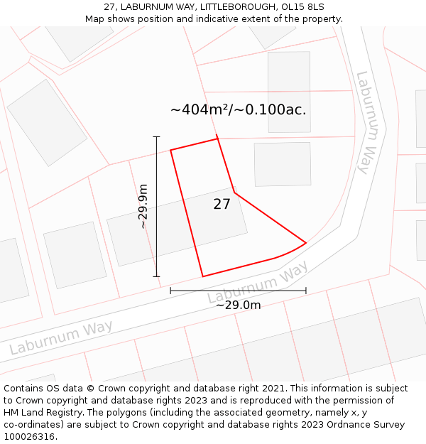 27, LABURNUM WAY, LITTLEBOROUGH, OL15 8LS: Plot and title map