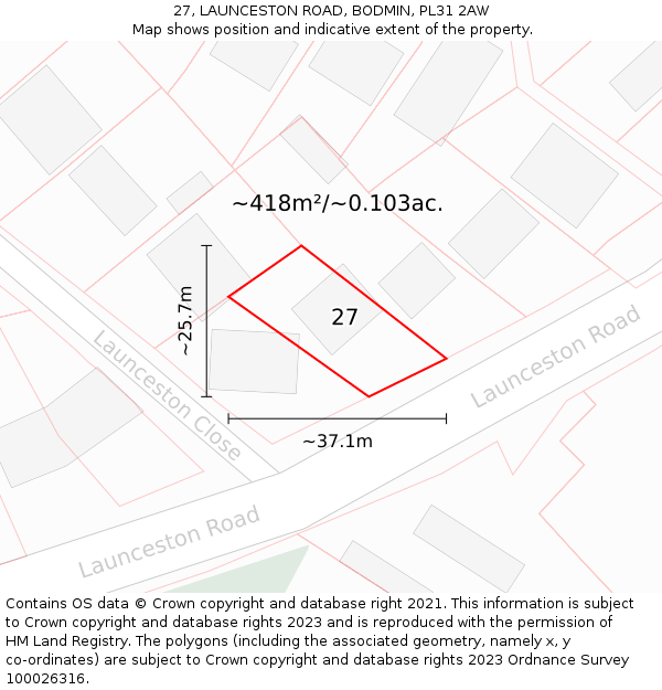 27, LAUNCESTON ROAD, BODMIN, PL31 2AW: Plot and title map