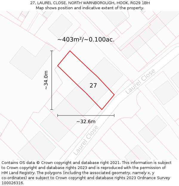 27, LAUREL CLOSE, NORTH WARNBOROUGH, HOOK, RG29 1BH: Plot and title map