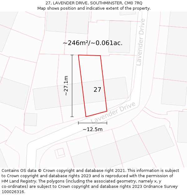 27, LAVENDER DRIVE, SOUTHMINSTER, CM0 7RQ: Plot and title map