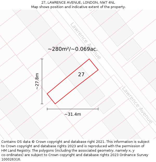 27, LAWRENCE AVENUE, LONDON, NW7 4NL: Plot and title map