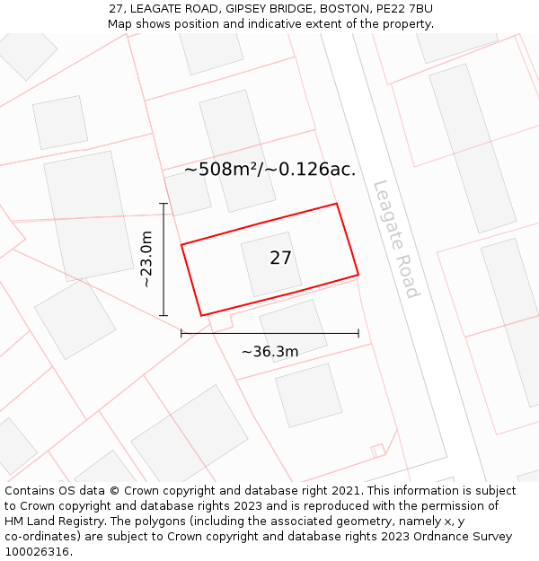 27, LEAGATE ROAD, GIPSEY BRIDGE, BOSTON, PE22 7BU: Plot and title map