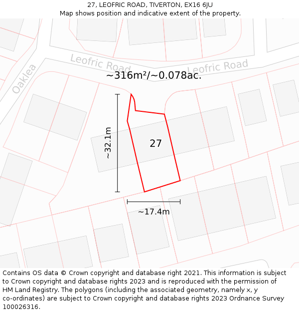 27, LEOFRIC ROAD, TIVERTON, EX16 6JU: Plot and title map