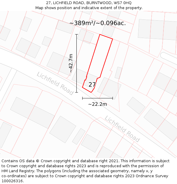 27, LICHFIELD ROAD, BURNTWOOD, WS7 0HQ: Plot and title map