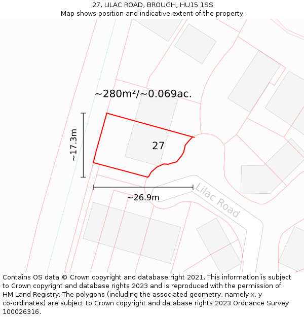 27, LILAC ROAD, BROUGH, HU15 1SS: Plot and title map