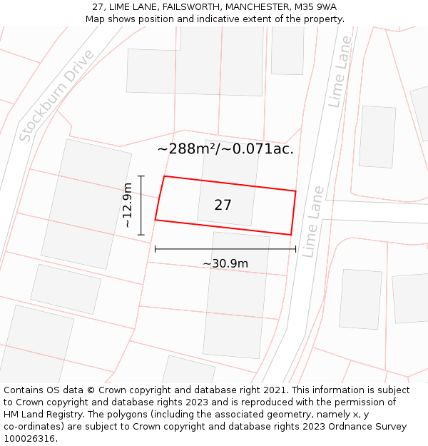 27, LIME LANE, FAILSWORTH, MANCHESTER, M35 9WA: Plot and title map