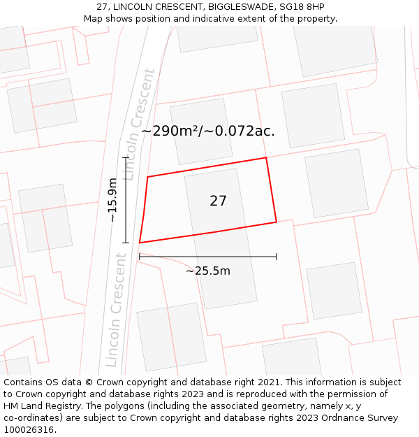 27, LINCOLN CRESCENT, BIGGLESWADE, SG18 8HP: Plot and title map