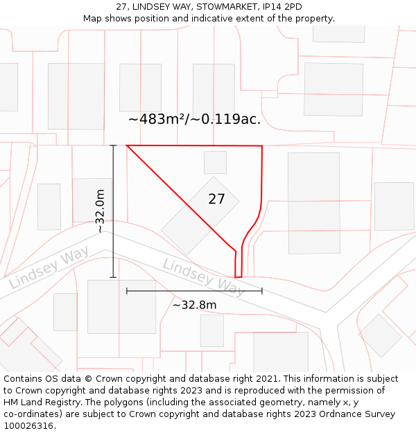 27, LINDSEY WAY, STOWMARKET, IP14 2PD: Plot and title map