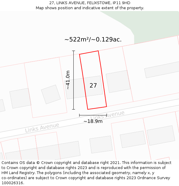 27, LINKS AVENUE, FELIXSTOWE, IP11 9HD: Plot and title map