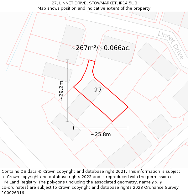 27, LINNET DRIVE, STOWMARKET, IP14 5UB: Plot and title map