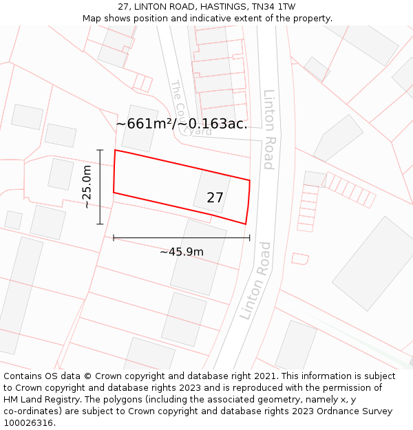 27, LINTON ROAD, HASTINGS, TN34 1TW: Plot and title map