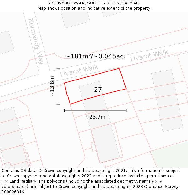 27, LIVAROT WALK, SOUTH MOLTON, EX36 4EF: Plot and title map