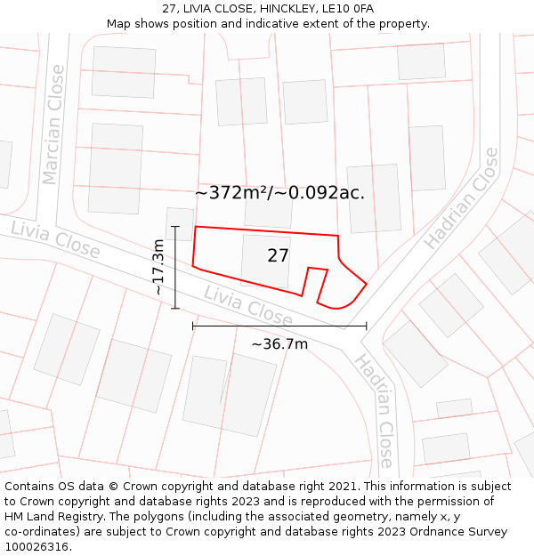 27, LIVIA CLOSE, HINCKLEY, LE10 0FA: Plot and title map