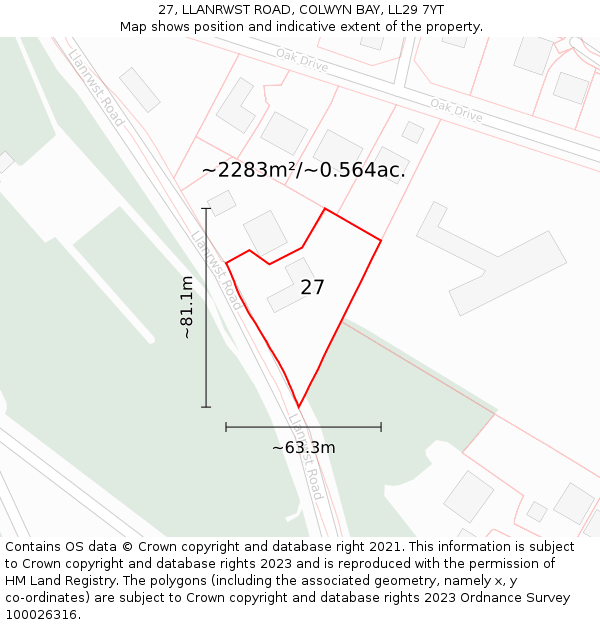 27, LLANRWST ROAD, COLWYN BAY, LL29 7YT: Plot and title map