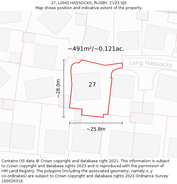 27, LONG HASSOCKS, RUGBY, CV23 0JS: Plot and title map