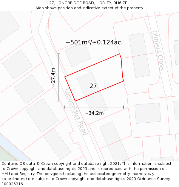 27, LONGBRIDGE ROAD, HORLEY, RH6 7EH: Plot and title map