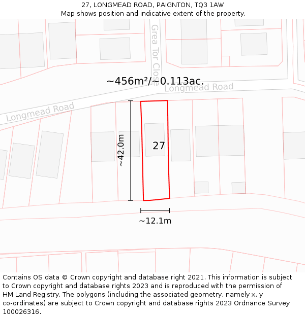 27, LONGMEAD ROAD, PAIGNTON, TQ3 1AW: Plot and title map