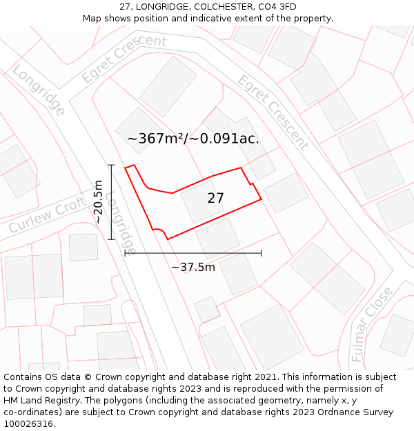 27, LONGRIDGE, COLCHESTER, CO4 3FD: Plot and title map
