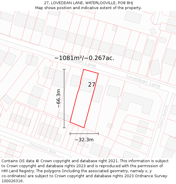 27, LOVEDEAN LANE, WATERLOOVILLE, PO8 8HJ: Plot and title map